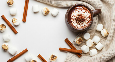 Cozy Hot Chocolate with Toasted Marshmallows, Whipped Cream, and Cinnamon Sticks