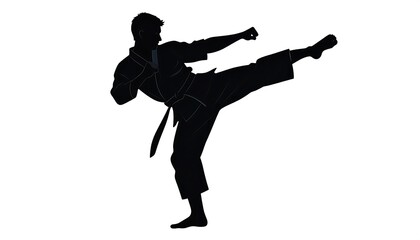 Powerful silhouette of a martial arts practitioner executing a high kick.