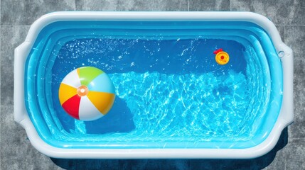 A top view of a swimming pool with a colorful beach ball and a yellow rubber duck floating on the water.