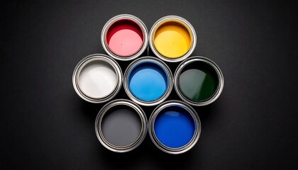 Colorful paint cans arranged in a circle against black backdrop with artistic concept.