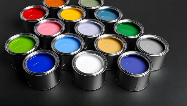 Colorful Paint Cans Displayed Neatly Against a Black Background.