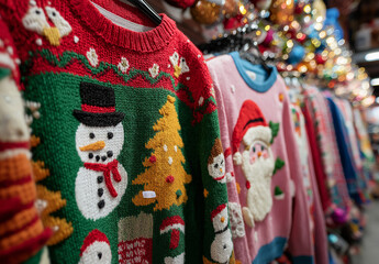 Obraz premium a collection of colorful christmas sweaters with various patterns and designs, 