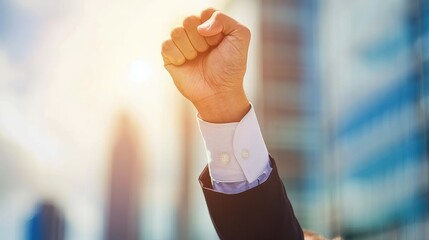 Clenched fist raised by a business professional, symbolizing power, success, determination, and victory in a bright urban setting.