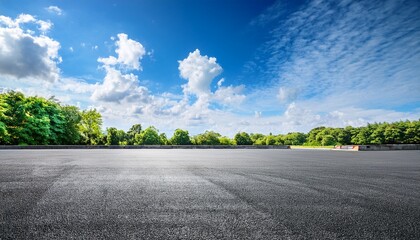 empty asphalt lot under a vibrant blue sky with fluffy clouds and green trees in the background