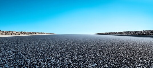 Wide angle view of a pebble road stretching into the distance between two grassy banks under a clear blue sky, creating a sense of journey