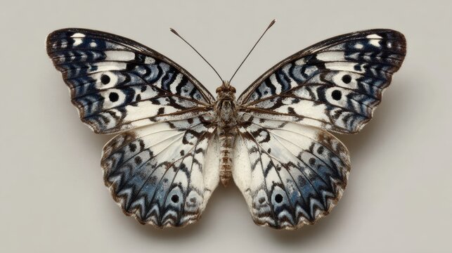 Close-up of a butterfly with detailed patterned wings on a neutral background.
