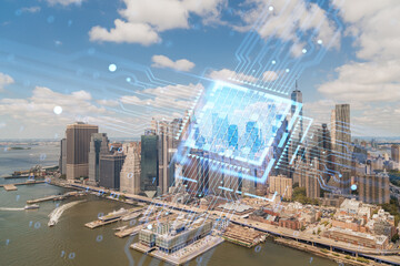Manhattan skyline with a futuristic hologram over the city. Photographic with digital graphics. Daylight on clouded sky background. Technology and business concept. Double exposure