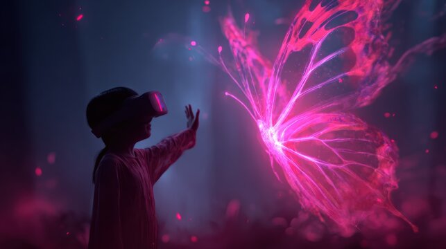 Child wearing a VR headset reaching out to touch a giant, glowing pink ethereal butterfly on a dark background.