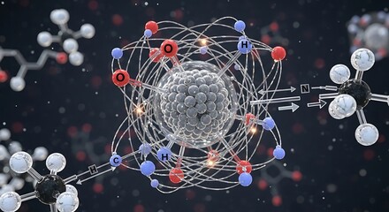 Abstract representation of atomic structure and molecular bonds in science and technology.