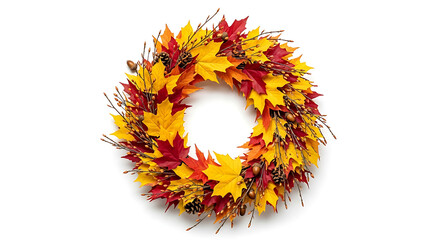 Autumnal wreath crafted from vibrant red, yellow, and orange maple leaves, accented with pinecones and twigs.