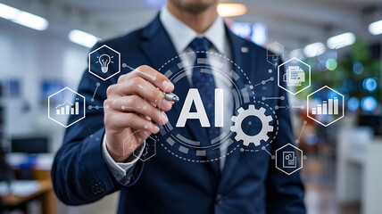 AI Integration Concept Businessman Demonstrating Artificial Intelligence in Business, Future Technology and Innovation, Transparent Background