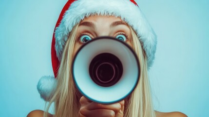 Woman in Santa Hat with Wide Eyes Holding Megaphone for Festive Announcement