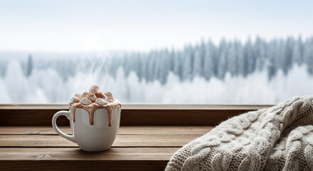 Steaming Hot Chocolate with Marshmallows on a Wooden Sill Against a Snowy Winter Background