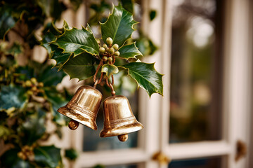 Golden bells on holly leaves glow warmly, festive holiday decor with soft bokeh in the background.