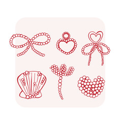 Charming hand drawn whimsical illustrations with pearls. Mediterranean style coquette vector doodle illustration 