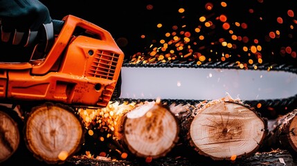 Chainsaw cutting wooden logs, close-up with flying sparks and sawdust. Dynamic woodcutting action, timber processing.