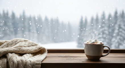 Steaming Hot Chocolate with Marshmallows on a Window Sill in Winter