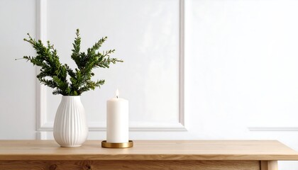 Cozy minimalist Christmas decor with candle and greenery on wooden table with white wall.
