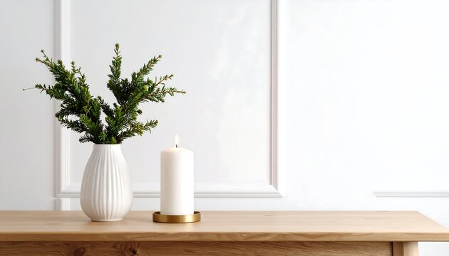 Cozy minimalist Christmas decor with candle and greenery on wooden table with white wall.