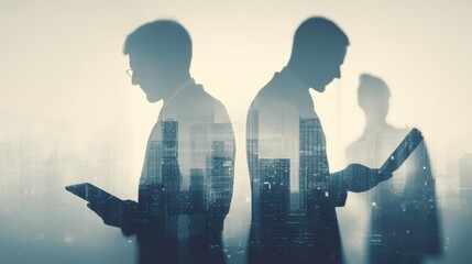 Silhouetted Businessmen Using Tablets Overlapping Cityscape: Modern Communication and Global Business Technology Concept