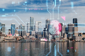 Seattle skyline with futuristic hologram overlay, showcasing technology and security concepts with cityscape and water background. Double exposure