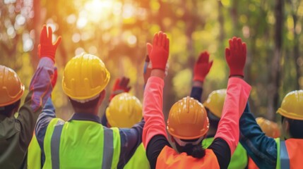 United workers in safety gear raising hands outdoors, celebrating teamwork and success under warm sunlight