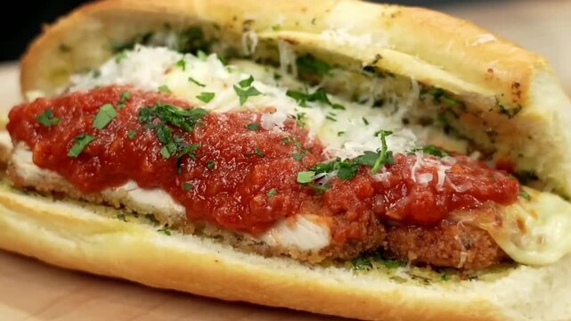 Chicken Parmesan Sandwich and Chicken Parmesan Spaghetti, crispy chicken with rich marinara and cheese, perfect for Italian dining, menus, and gourmet promotions.