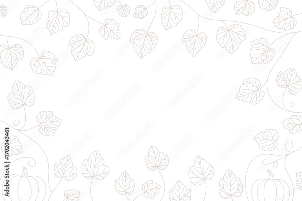 Poster white background with decorative leaves and vine pattern and pumpkins on the bottom of the image