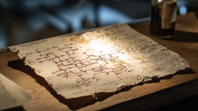 Vintage cracked parchment with a forgotten chemical diagram, illuminated by a validating beam of light.