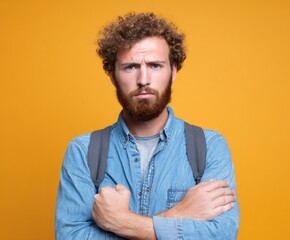 A man with a serious expression, arms crossed, stands against a bold, bright orange backdrop, conveying a sense of resoluteness and contemplation.