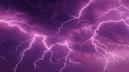 Dramatic purple lightning illuminating dark storm clouds during a powerful thunderstorm