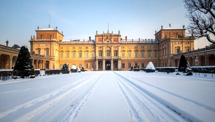 Obraz premium A grand palace stands stately in a winter wonderland, its pale yellow facade gleaming against a blanket of snow.
