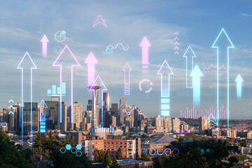 Seattle cityscape at twilight with futuristic holographic overlays of charts and arrows. Composite photography on an urban background. Double exposure