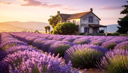 A picturesque countryside scene showcases a charming farmhouse nestled amidst a vast expanse of vibrant lavender fields at sunrise.