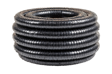 Black coiled rubber hose neatly arranged in a circular stack, displaying flexible and durable material for various industrial and home applications