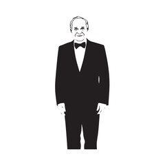 Old man with formal suit black and white vector illustration for classic portrait artwork design