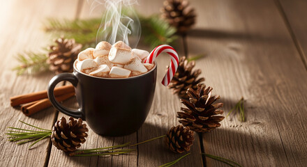 Steaming Hot Cocoa with Marshmallows, Candy Cane, and Winter Decorations on Wood