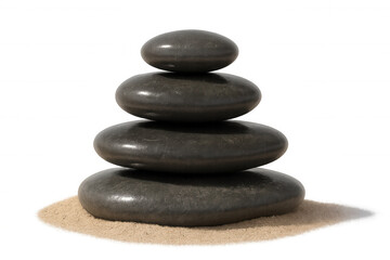 Balanced black stones resting on white sand, creating zen-like stillness with minimalist calm and meditative serenity