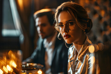 Wealthy individuals engaged in deep conversation while surrounded by gold bars in a luxurious setting