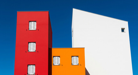 Vibrant Modern Architecture Red Orange White Buildings Against Bright Blue Sky Minimalist Geometric Abstract Urban Designs Facades