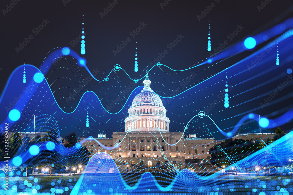 Poster a digital hologram overlay of wave patterns on a night view of the capitol building in washington, d