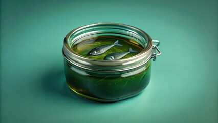 Small glass container filled with dark green sardine oil and lid closed tightly