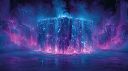 A glowing waterfall surrounded by surreal neon lights and mist in a fantasy landscape.