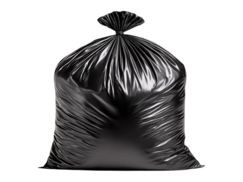 Black plastic bag full, tied at the top, isolated on black