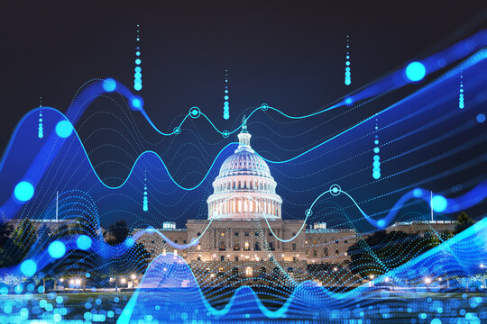 A digital hologram overlay of wave patterns on a night view of the Capitol Building in Washington, DC. Light and technology concept. Double exposure