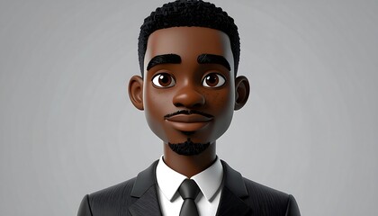 A stylized cartoon depiction of a dark-skinned male business professional, conveying confidence and professionalism, set against a neutral backdrop.