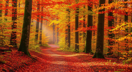 Fototapeta premium Vibrant Autumn Forest Path with Golden Sun Rays and Brilliant Red Orange Yellow Fall Foliage. Serene Woodland Landscape.