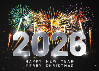 Happy new year 2026 Elegant text with light effect and fireworks.