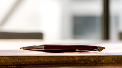 A single pen lying on a wooden desk with blurred background, professional workspace vibe.
