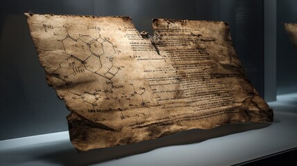 Vintage cracked parchment with a forgotten chemical diagram, illuminated by a validating beam of light.